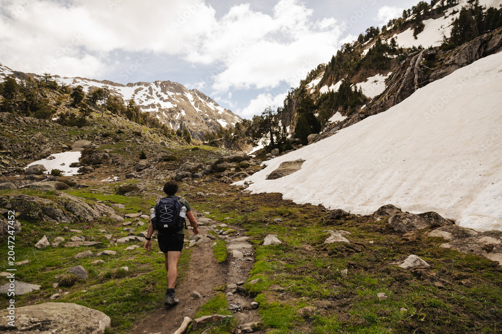 Fototapeta premium Male hiker with backpack walking along a rocky mountain trail surrounded by pine trees and alpine vegetation in the Spanish Pyrenees. Adventure travel, hiking and outdoor recreation 