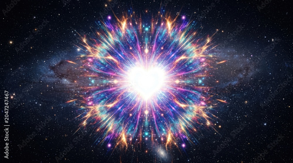 Fototapeta premium Glowing heart shaped light in deep space. Cosmic explosion with radiant energy and stars. Universal love and spiritual energy concept