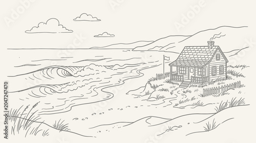 Small house on sandy beach shore.