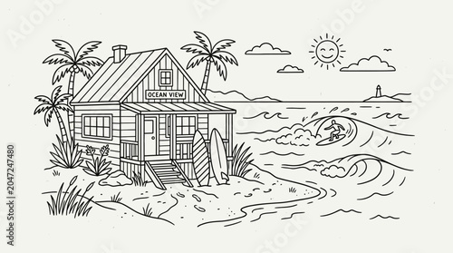 Beach house with palm trees nearby.