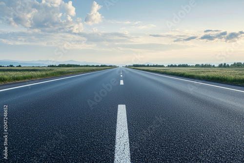 The empty, paved highway stretches far and wide through open green meadows under a clear sky.