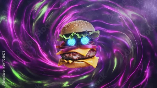 Cheeseburger with glowing neon eyes floating inside a vibrant purple cosmic vortex background for creative digital motion video project