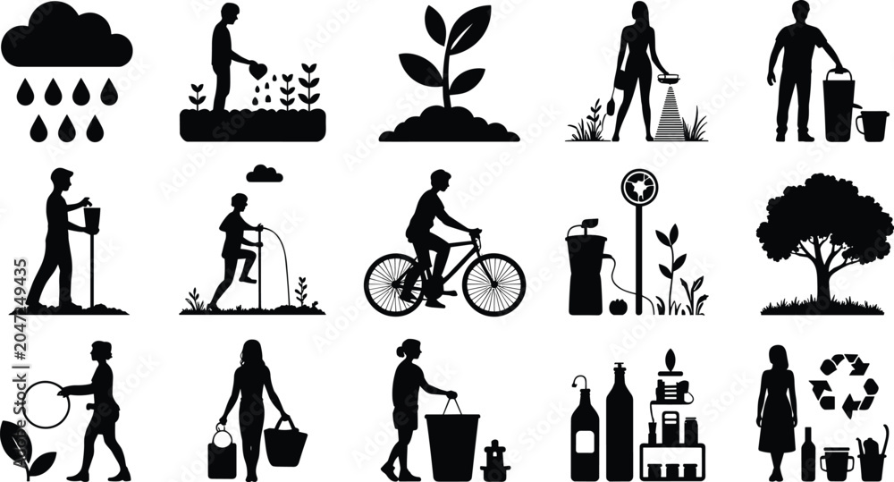 Naklejka premium Sustainability Silhouette Icon Collection Featuring Recycling, Gardening, Composting, and Eco-Friendly Lifestyle Activities for Green Design Projects