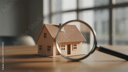 House model examined under magnifying glass video footage showing real estate property analysis and residential investment planning conceptual motion clip