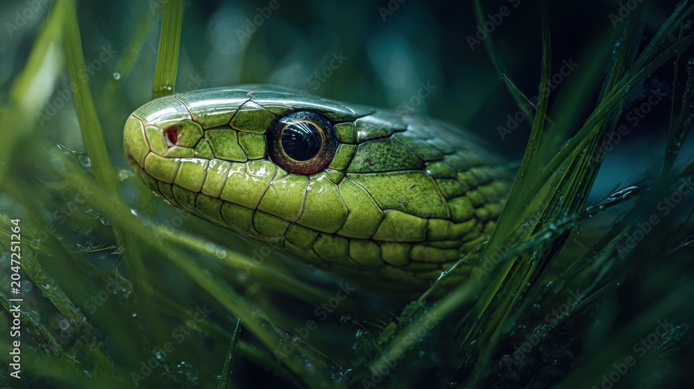 Fototapeta premium Detailed macro photography of a vibrant green snake camouflaged in lush grass with shining scales and a focused eye in natural daylight environment