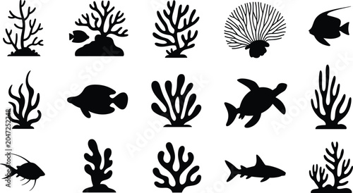 Vector silhouettes of diverse marine life including coral reef, fish, sea turtle, shark, and underwater ecosystem elements