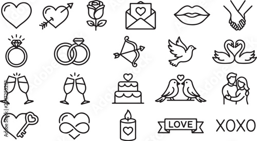 Billede på lærred Set of romantic love icons hearts rings couple swans roses celebration symbols valentine day vector graphics