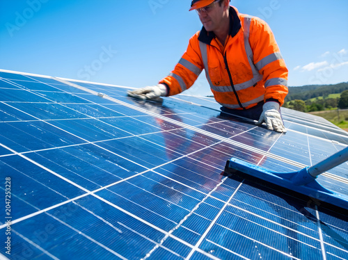 Service Technician Maintaining and Cleaning Solar Panels on a Sunny Day.