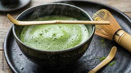 A bowl of green matcha tea on a black plate with a bamboo whisk and spoon