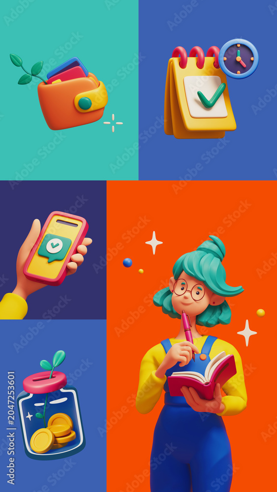 Fototapeta premium Vertical 3D rendering of business plan grid, colorful background. Stylized cartoon icon set collage thoughtful girl, wallet with credit cards, clock, calendar, smartphone, money jar. Abstract concept.