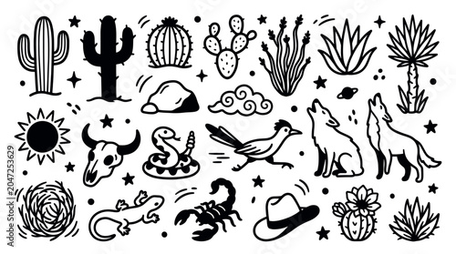 Various black and white desert-themed icons, including cacti, animals, and natural elements, arranged playfully on a clean white background