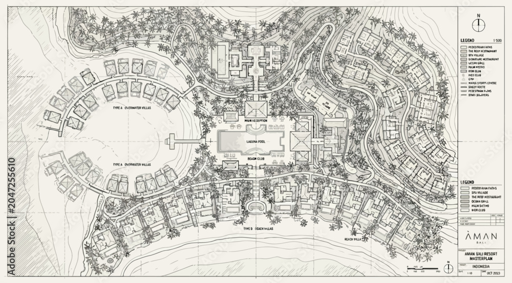 Fototapeta premium Architectural site plan of a luxury resort complex with landscaped grounds and individual villas