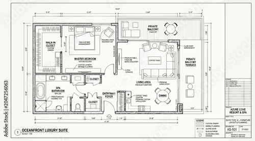 Canvas-taulu Detailed floor plan of an oceanfront luxury suite with balcony and master bedroo
