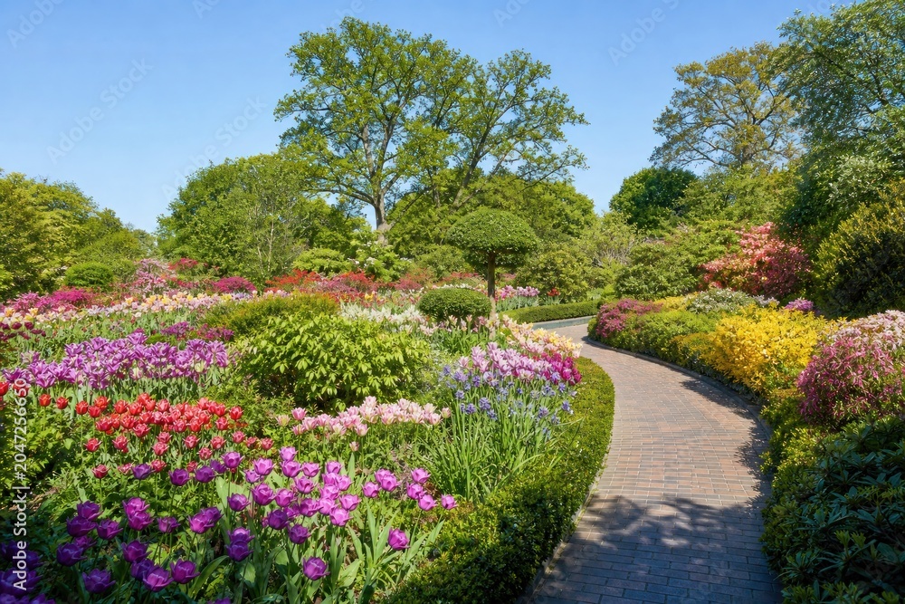 Obraz premium Tulips blooming in vibrant spring colors along brick pathway in beautiful botanical garden under clear blue sky, peaceful landscape design