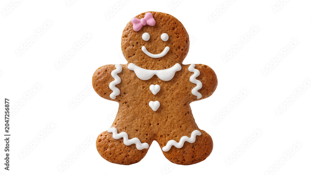 Obraz premium Gingerbread man cookie with pink bow and white icing, isolated on transparent background