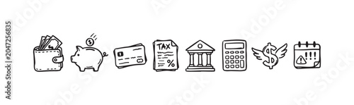 Foto Doodle icons depicting financial management, banking, tax planning, savings, and monetary concepts