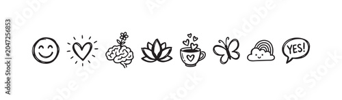 Canvastavla Doodle icons representing wellness, happiness, mental health, love, nature, and positive affirmations
