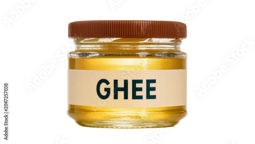Obraz na płótnie Glass jar of golden ghee with brown lid, isolated on transparent background