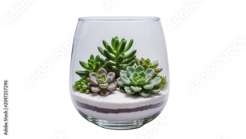 Obraz na płótnie Assortment of green succulents in a clear glass terrarium with layered sand, iso
