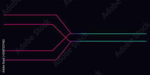 Fotografie Abstract convergence of four magenta lines into two cyan lines.