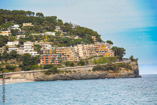 Panoramic view of the Bergeggi coast , Liguria, province of Savona, Italy. Riviera dei Fiori. Riviera di Ponente. Ligurian Sea.