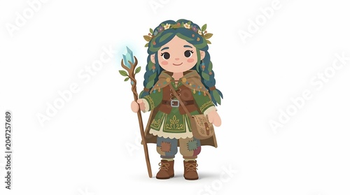 Cartoon fantasy girl with magic staff.