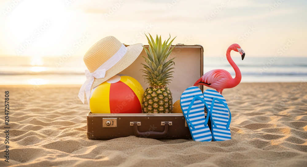Naklejka premium Open suitcase with summer items on a sandy beach, symbolizing vacation, relaxation, and travel getaway at sunset, evoking a warm and inviting atmosphere