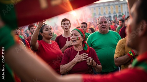 Portuguese supporters passionately sing the national anthem during a rally