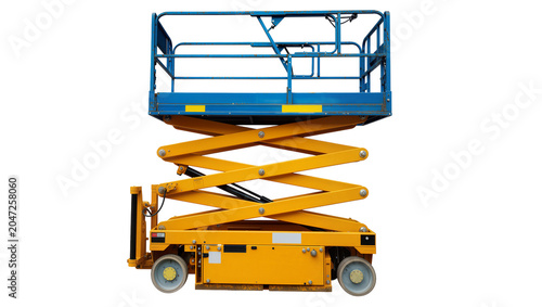 Photos Yellow scissor lift with blue platform, isolated on transparent background