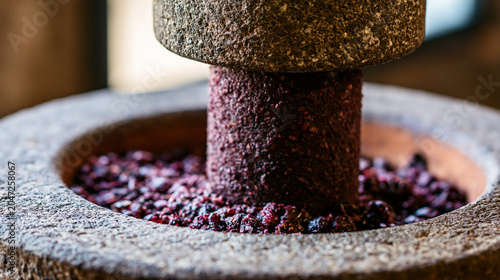 winepress. Ancient stone wine press with deep purple grape residue, textured surface in soft window light. bar promotions, beverage menus, designed for food & beverage menus and cafe branding.