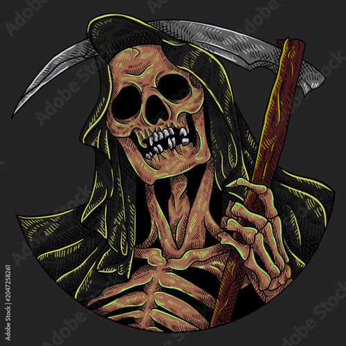 Fotografia The Grim Reaper's Shadow: A chilling illustration of the Grim Reaper, cloaked and menacing, holds a scythe, symbolizing mortality and the inevitable end