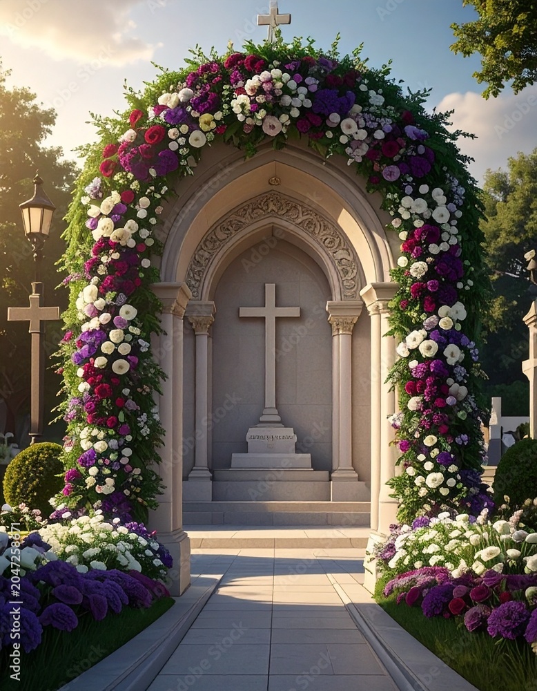 Fototapeta premium archway of flowers and cross of church memorial photo backdrop 