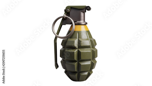 Canvastavla Olive green fragmentation hand grenade with metal pin and ring, isolated on tran