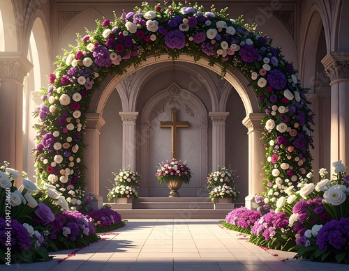 archway of flowers and cross of church memorial photo backdrop 
