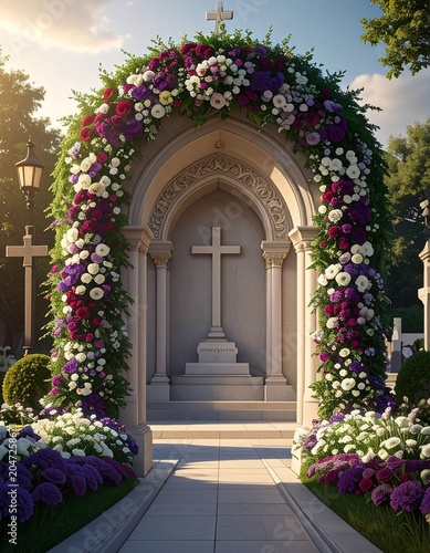 archway of flowers and cross of church memorial photo backdrop 