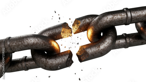 Obraz na plátně Rusty metal chain link breaking apart, isolated on transparent background