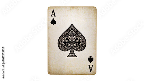 Fotografie Vintage ace of spades playing card aged paper texture, isolated on transparent b