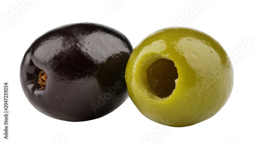 Fotografija Shiny black and green pitted olives, isolated on transparent background