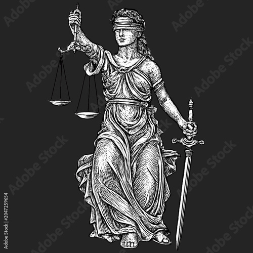Lady Justice Statue: An artistic illustration of Lady Justice, blindfolded and holding scales and a sword, symbolizes justice, law, and fairness.