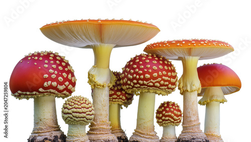 Tableau sur toile Group of red and orange Amanita muscaria mushrooms with white spots, isolated on