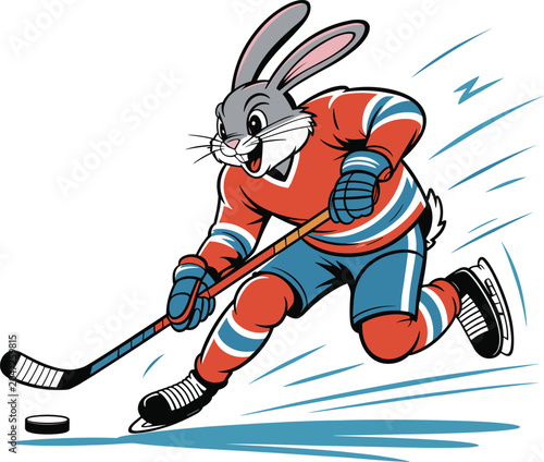 Photography Cartoon grey rabbit hockey player hitting a puck with a stick, moving fast on ice rink