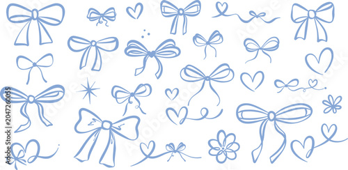 Blue cute ribbon vector illustration, modern heart doodle line art clip art set, isolated decorative graphic elements, hand drawn bows