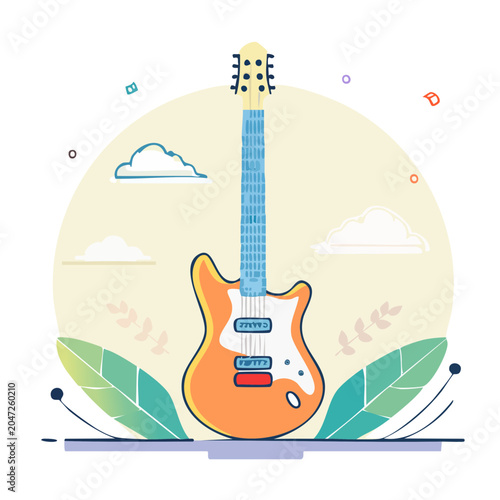 Flat design illustration of an orange electric guitar with clouds