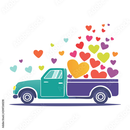 Flat design truck carrying colorful hearts
