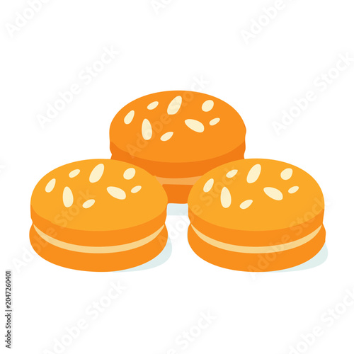 Three orange burger buns with white seeds on white background