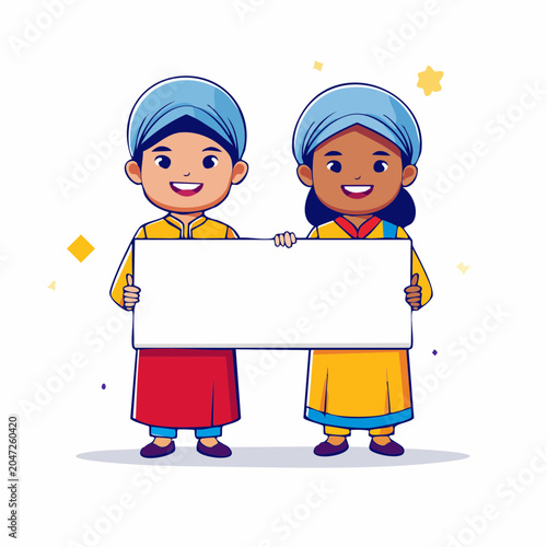 Two diverse cartoon children holding a blank sign