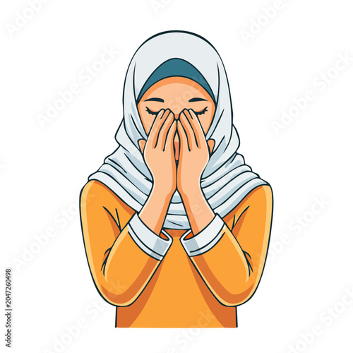 Woman in hijab praying with hands covering face