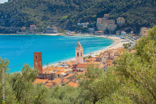  Aerial panoramic view of Noli, Liguria, province of Savona, Italy. Riviera dei Fiori. Fishermen's Beach. Maritime Republic