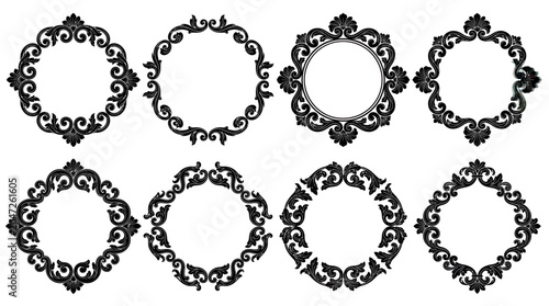 Set of eight black baroque circular and floral frame silhouettes in various ornate styles isolated on white, representing vintage wedding invitation borders and luxury branding ornaments