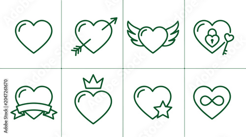 Heart shape icons set love symbols for valentines day and romantic celebration designs.